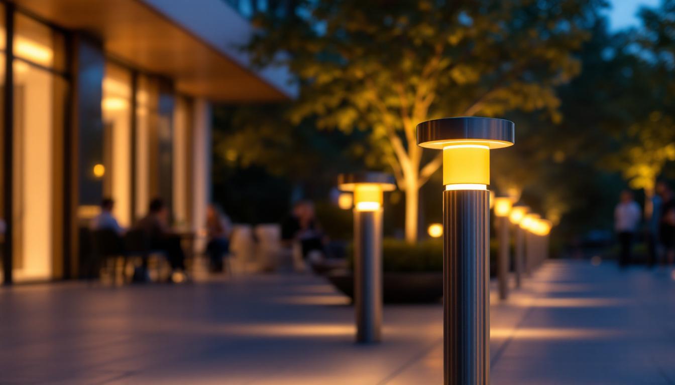 A photograph of a stylishly designed bollard light illuminating a contemporary outdoor space