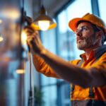 A photograph of a lighting contractor actively engaged in installing or adjusting modern lighting fixtures in a commercial space