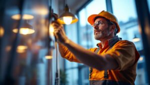 A photograph of a lighting contractor actively engaged in installing or adjusting modern lighting fixtures in a commercial space