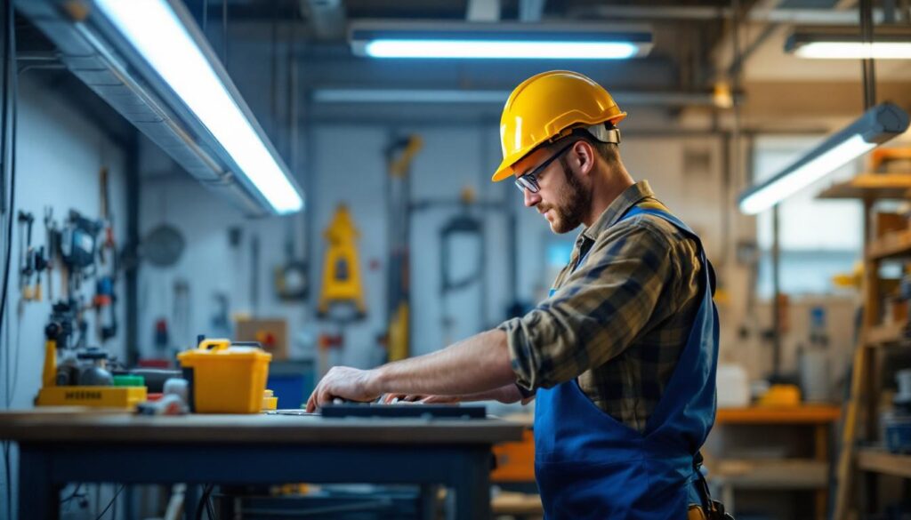 A photograph of a well-lit workshop or garage featuring 4-foot fluorescent shop lights in action