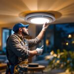 A photograph of a skilled lighting contractor installing a pot light trim kit in a modern home setting