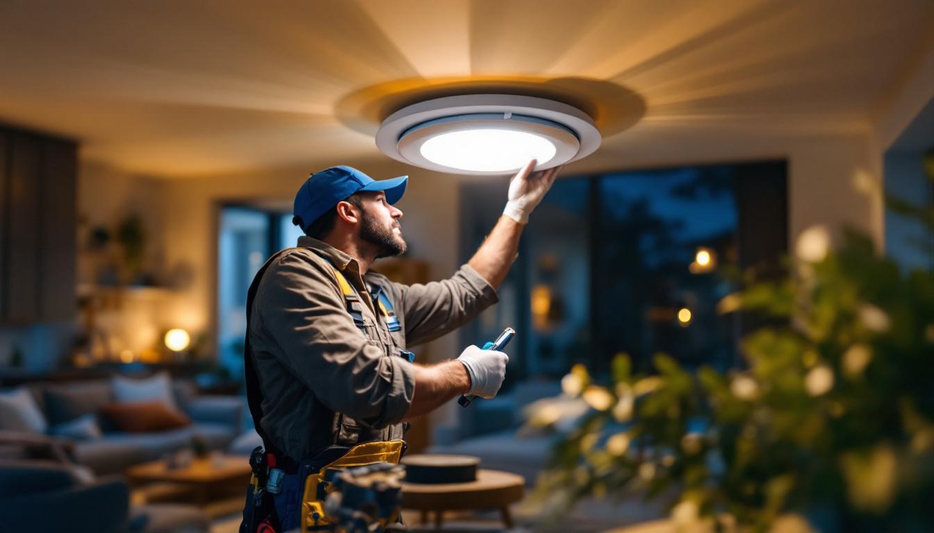 A photograph of a skilled lighting contractor installing a pot light trim kit in a modern home setting