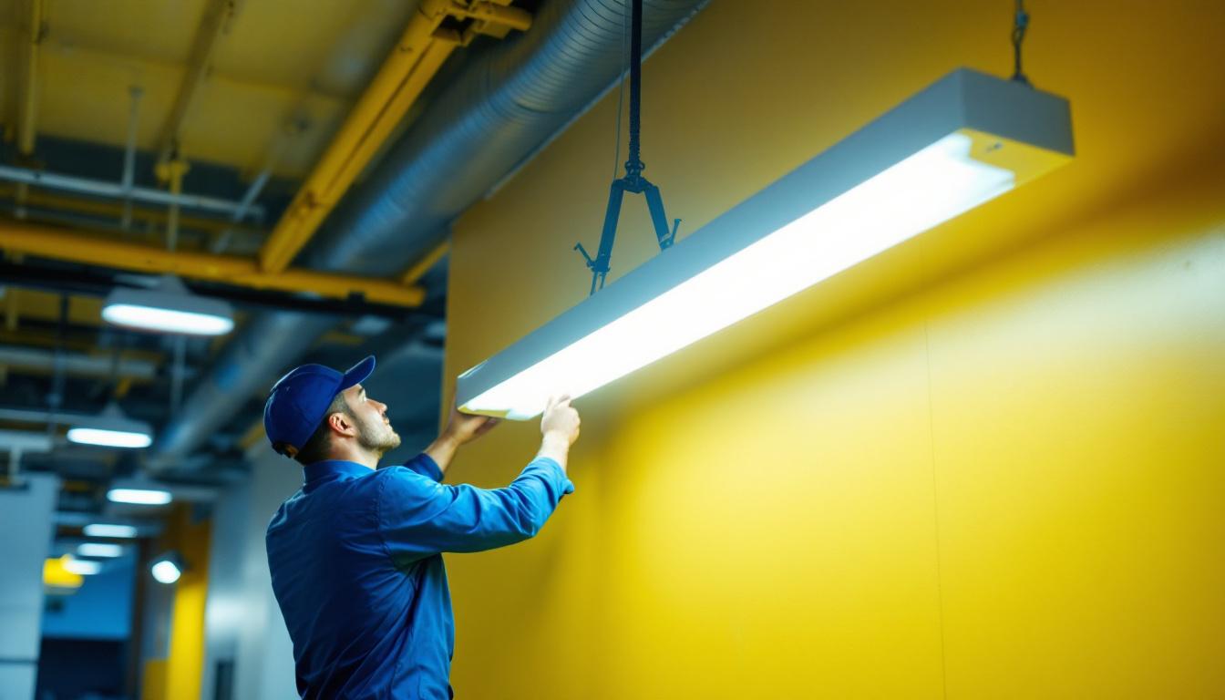 A photograph of a well-lit commercial space featuring a 2x4 fluorescent fixture in action