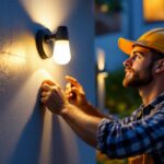 A photograph of a skilled lighting contractor installing a stylish wall-mounted exterior light on a modern home