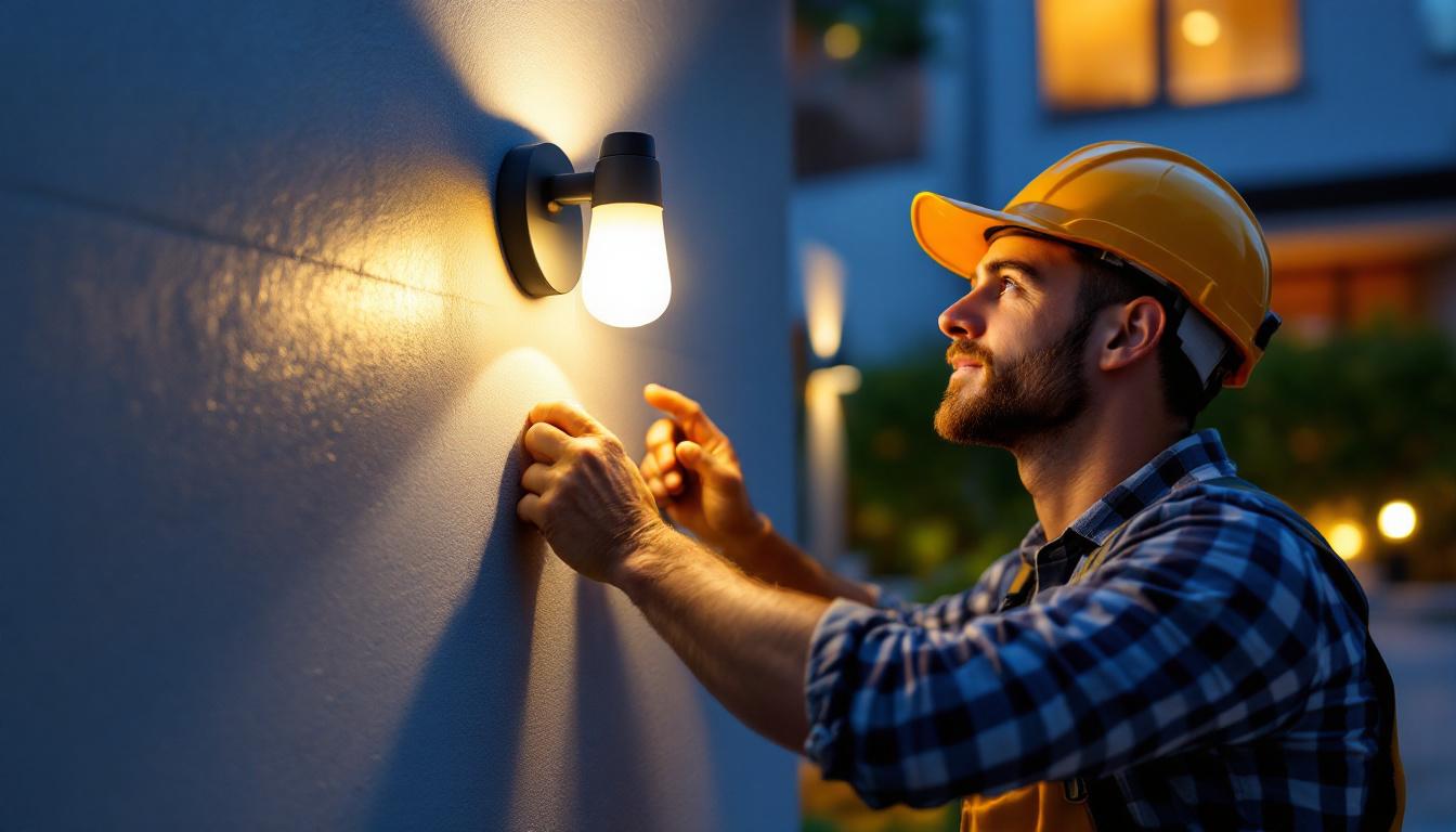 A photograph of a skilled lighting contractor installing a stylish wall-mounted exterior light on a modern home