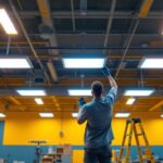 A photograph of a well-lit commercial space featuring suspended ceiling led light panels