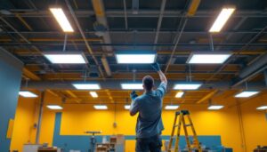 A photograph of a well-lit commercial space featuring suspended ceiling led light panels