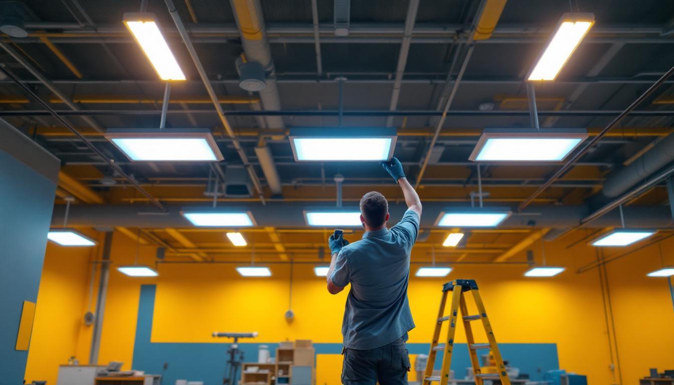 A photograph of a well-lit commercial space featuring suspended ceiling led light panels
