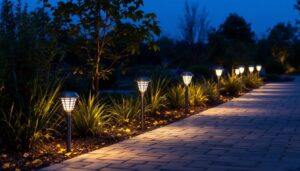 A photograph of a beautifully illuminated outdoor walkway featuring various styles of solar walkway lights in a landscaped setting