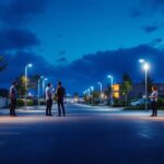 A photograph of a well-lit parking lot at dusk