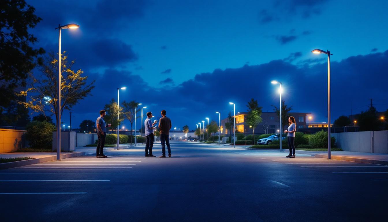 A photograph of a well-lit parking lot at dusk