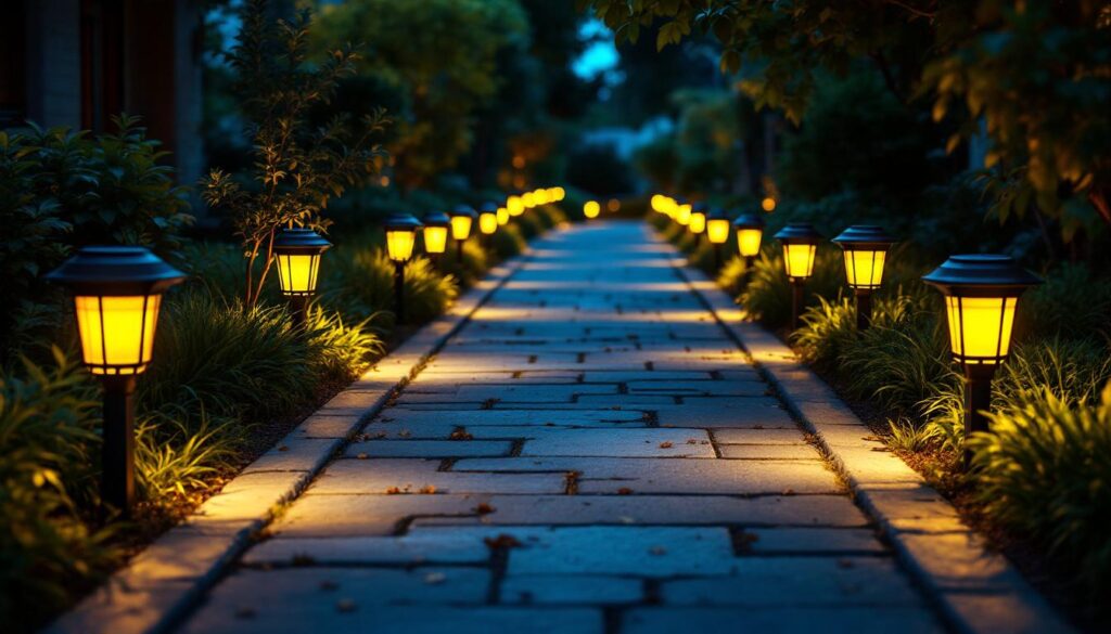 A photograph of a well-lit outdoor pathway featuring various styles of solar walk lights