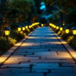 A photograph of a well-lit outdoor pathway featuring various styles of solar walk lights