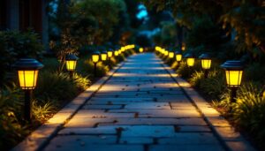 A photograph of a well-lit outdoor pathway featuring various styles of solar walk lights