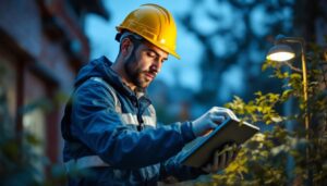A photograph of a lighting contractor installing or examining a solar lamp in an outdoor setting