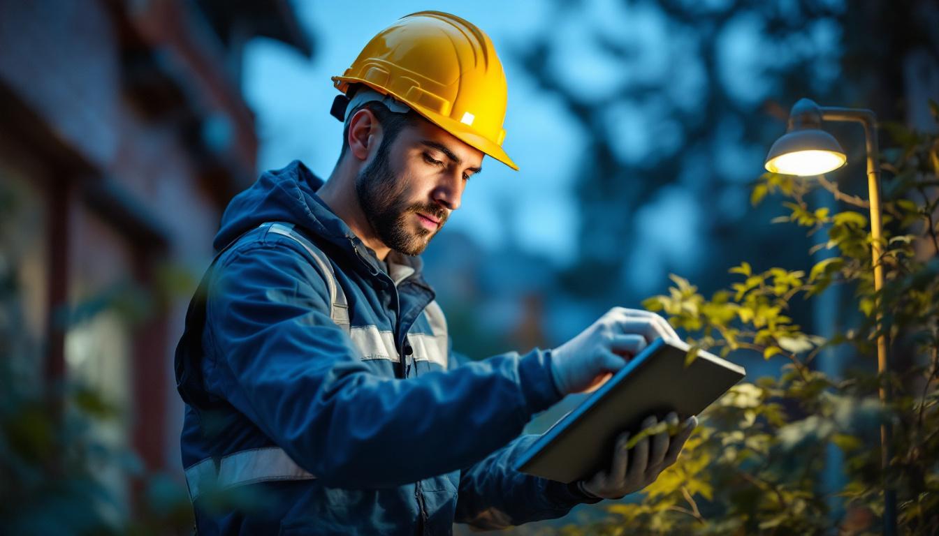 A photograph of a lighting contractor installing or examining a solar lamp in an outdoor setting