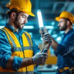 A photograph of a lighting contractor in the process of replacing a traditional t8 fluorescent bulb with a 4ft t8 led bulb