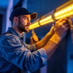 A photograph of a lighting contractor skillfully installing vibrant 3 ft led light strips in a modern interior space