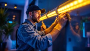 A photograph of a lighting contractor skillfully installing vibrant 3 ft led light strips in a modern interior space