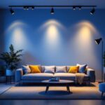 A photograph of a stylish living room featuring modern track lighting