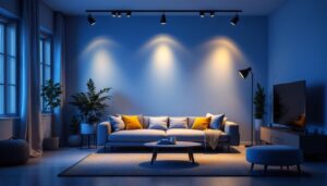 A photograph of a stylish living room featuring modern track lighting