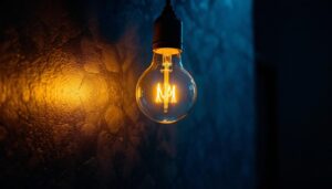 A photograph of a type b light bulb illuminated in a stylish lighting installation