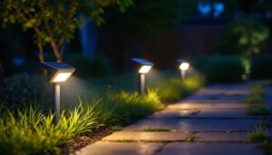 A photograph of a well-lit outdoor scene featuring solar flood lights with motion sensors installed in a garden or pathway