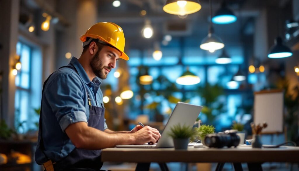 A photograph of a skilled lighting contractor at work
