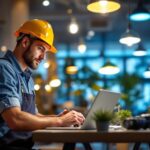 A photograph of a skilled lighting contractor at work