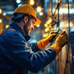 A photograph of a lighting contractor working on a project