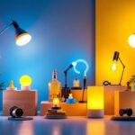 A photograph of a stylishly arranged display of modern lighting solutions