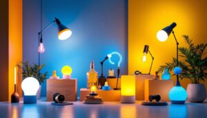 A photograph of a stylishly arranged display of modern lighting solutions