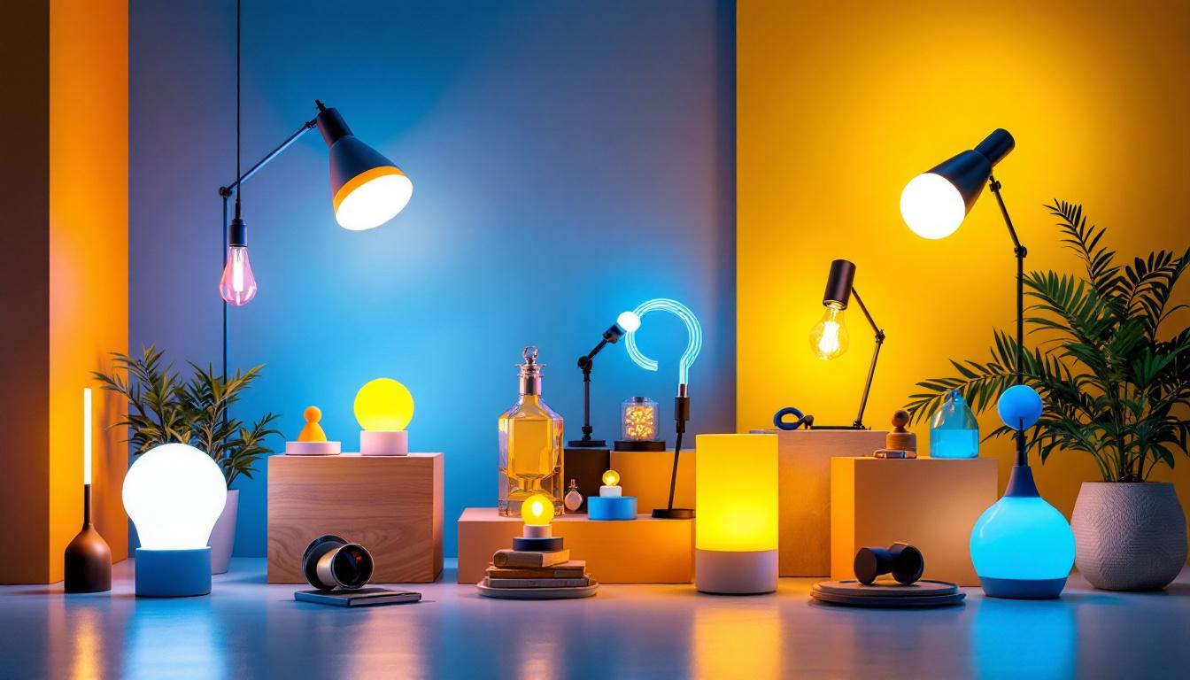 A photograph of a stylishly arranged display of modern lighting solutions