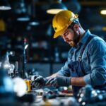 A photograph of a lighting contractor in action