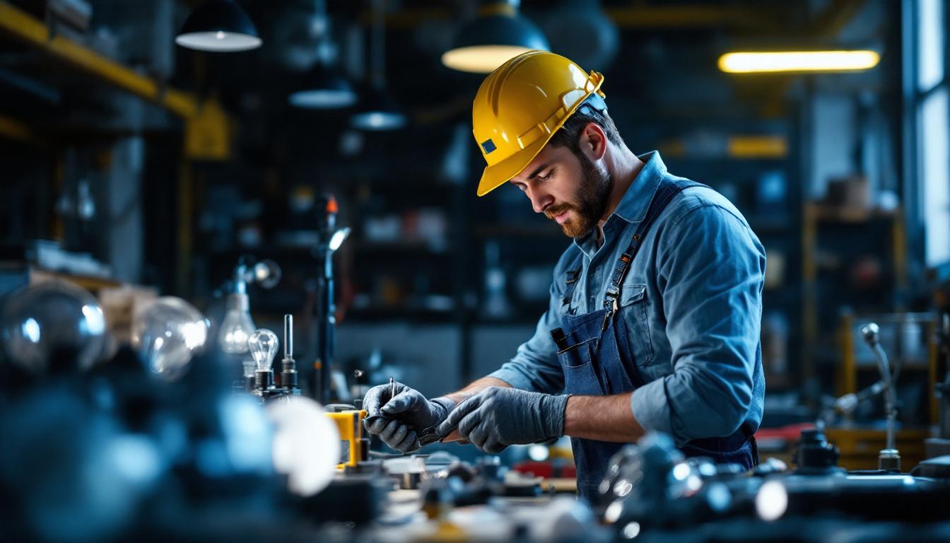 A photograph of a lighting contractor in action