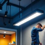 A photograph of a sleek 8-foot light fixture installed in a modern commercial space