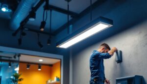 A photograph of a sleek 8-foot light fixture installed in a modern commercial space