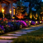 A photograph of a beautifully landscaped outdoor space illuminated by vibrant colored solar lights at dusk
