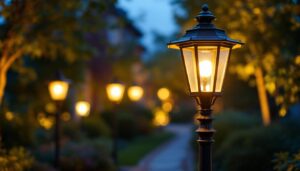 A photograph of a beautifully designed outdoor lamp post with an elegant cover