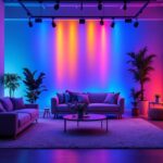 A photograph of a beautifully arranged setup featuring multi-color led tape lights illuminating a modern space