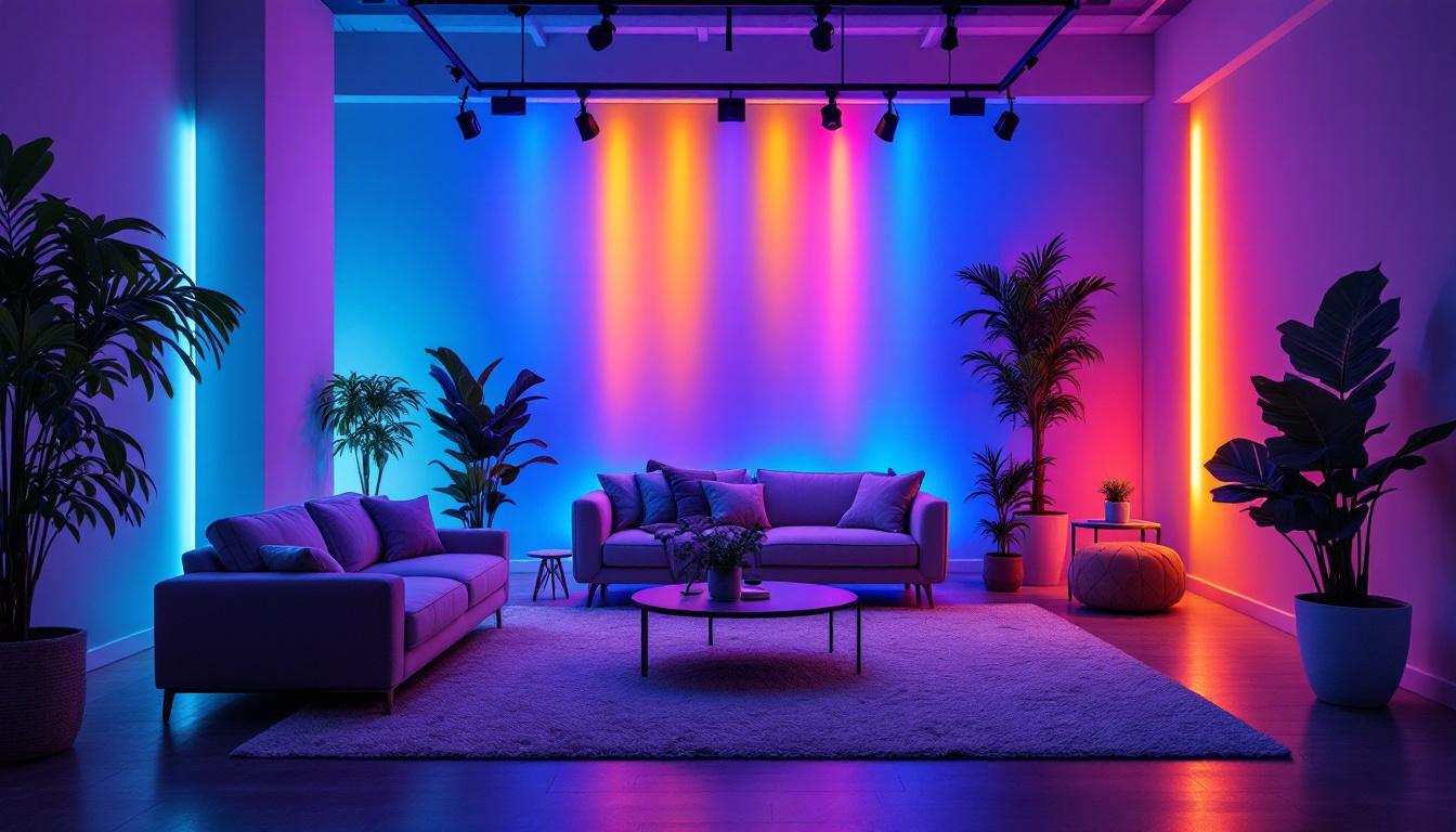A photograph of a beautifully arranged setup featuring multi-color led tape lights illuminating a modern space