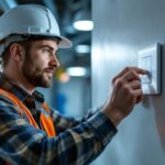 A photograph of a lighting contractor installing or adjusting a modern 277v dimmer switch in a commercial setting