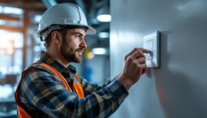 A photograph of a lighting contractor installing or adjusting a modern 277v dimmer switch in a commercial setting