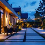 A photograph of a well-lit outdoor space showcasing various types of exterior solar lighting installations