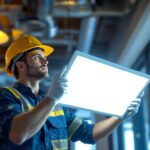 A photograph of a lighting contractor installing a sleek led lighting panel in a modern commercial space