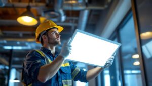 A photograph of a lighting contractor installing a sleek led lighting panel in a modern commercial space