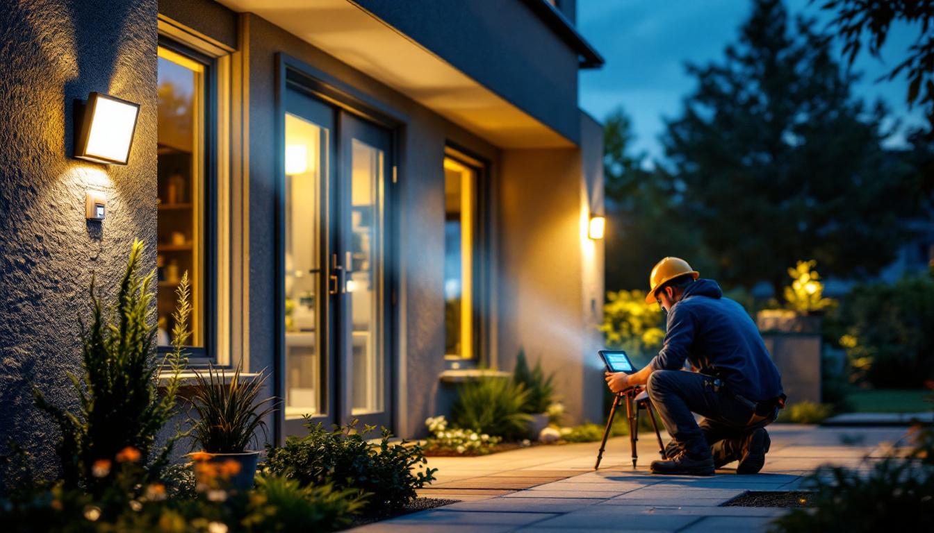 A photograph of a well-lit outdoor area featuring led flood lights with motion sensors activated