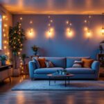 A photograph of a beautifully lit basement space adorned with string lights