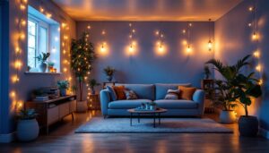 A photograph of a beautifully lit basement space adorned with string lights