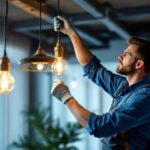 A photograph of a professional lighting contractor installing a stylish suspension light fixture in a modern interior
